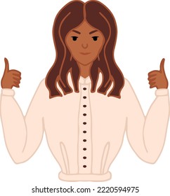 Young Dark Haired Latino Girl With Long Hair With Thumbs Up Expressing Agreement And Approval. Positive Girl Gesturing Like Super Hands And Fingers Vector Isolated Hand Drawn Illustration