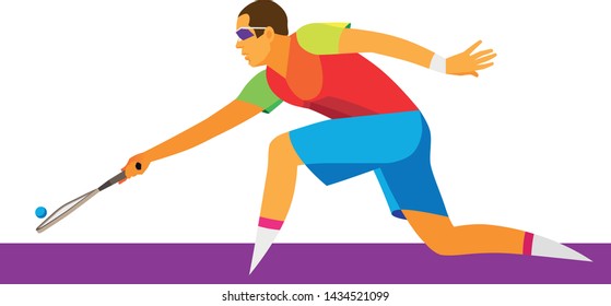 A young dark haired man is a racquetball player. who seeks to repel a difficult ball