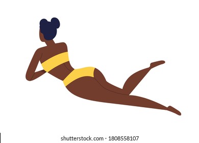 Young dark skin african woman in bikini with hair bun. Brunette relaxing in stylish yellow swimwear. Female pretty back view. Flat vector cartoon illustration isolated on white background.