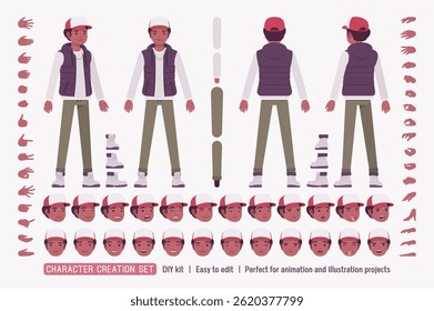 Young dark skin guy wearing cap DIY character creation set, warm outerwear body figure parts. Student active boy head, leg, hand gestures, different emotions, construction kit. Vector illustration