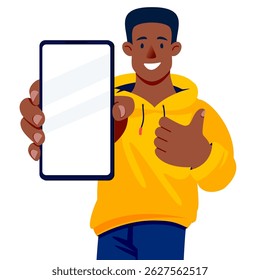 Young dark skin man holds his thumb up and showing mobile app. Vector flat cartoon character illustration isolated on white background. Mockup design element with smartphone blank screen