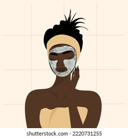 Young dark skin woman applies a scrub to her face after taking a shower. Top view vector illustration