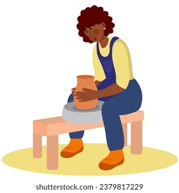 The young dark skin woman potter makes a ceramic pot. Ceramic craft master, pottery hobby.