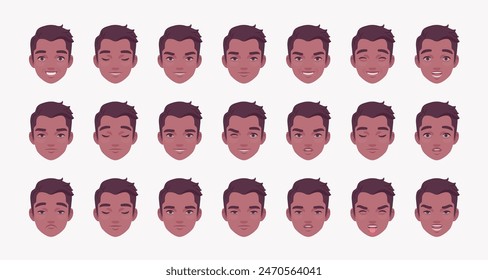 Joven moreno de piel oscura, hermoso conjunto de emociones masculinas, hombre de negocios apariencia retrato de Paquete. Diferentes iconos de la cara, positivo, negativo expresión facial característica pic. círculos de Ilustración vectorial