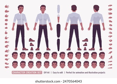 Young dark skinned brunette man, handsome businessman smart office outfit DIY character creation set. Male body figure parts. Head, leg, hand gestures, emotions, construction kit. Vector illustration