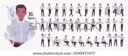 Young dark skinned brunette man, handsome businessman, smart office wear character set, professional business bundle. Cute male work poses, emotions, manager workspace situations. Vector illustration