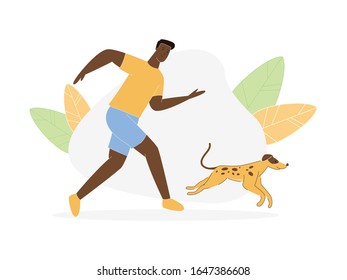 Young Dark Skinned Man Walking with Playful Dog, Character Jogging with Home Pet, Morning Running Exercising, Domestic Animals Recreation, Sparetime Outdoors, Friends Cartoon Flat Vector Illustration