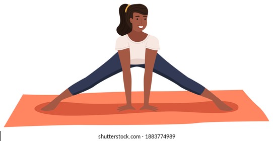 Young dark skinned woman doing stretching warm up exercise. Vector cartoon illustration girl doing fitness, monitors his health isolated on white background. Development flexibility, healthy lifestyle