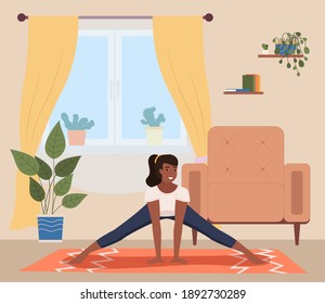 Young dark skinned woman doing stretching warm up exercise. Vector cartoon illustration girl doing fitness at home in living room, monitors her health. Development flexibility, healthy lifestyle