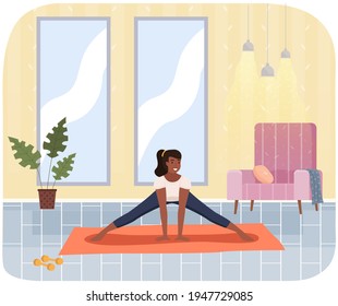 Young dark skinned woman doing stretching warm up exercise at home. Cute girl doing fitness in gym