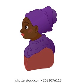 Young dark skinned woman with headscarf in side perspective. Flat cartoon portrait illustration. Cultural identity and concept of beauty. Design for postcard, poster, banner, print, avatar, sticker