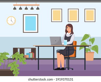 Young dark-haired business woman at the desk is working on the laptop computer vector illustration. Secretary dressed formally in office workspace, businesswoman person, student typing on keyboard
