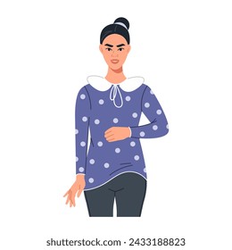 A young dark-haired girl in casual clothes stands straight, one arm bent at the elbow. Human poses. Posing. Vector graphic illustration in a flat style, isolated on a white background