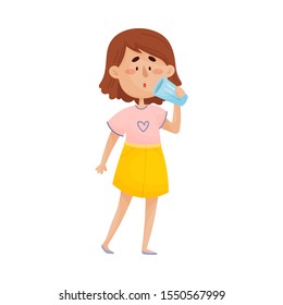 Young Dark-haired Girl Character Standing and Drinking Still Water From Glass Vector Illustration