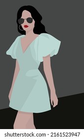 A young dark-haired girl in glasses and a dress. Vector flat image of a girl in a light blue dress. Design for postcards, avatars, posters, backgrounds, templates, textiles, postcards.