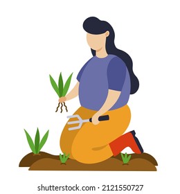 Young dark-haired girl is working in the garden, planting seedlings in the soil. Farmer vector illustration, a girl with a rake takes care of the vegetable garden. Spring concept, flat style