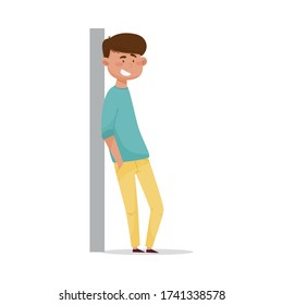 Young Dark-haired Man Leaning Against the Wall and Smiling Vector Illustration