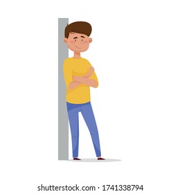 Young Dark-haired Man Leaning Against the Wall with His Arms Crossed and Smiling Vector Illustration