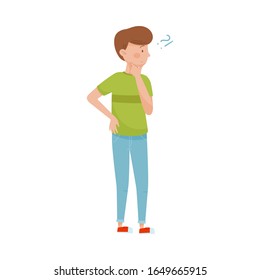 Young Dark-haired Man Standing with Thoughtful Expression on His Face and Question Mark Vector Illustration