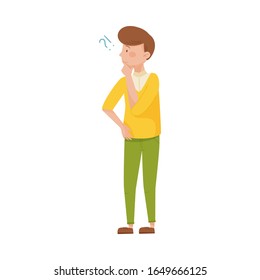 Young Dark-haired Man Standing with Thoughtful Expression on His Face and Question Mark Vector Illustration