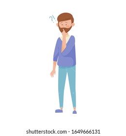 Joven hombre de cabello oscuro con expresión reflexiva en su cara y ilustración de un vector de interrogatorio