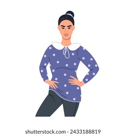 A young dark-haired modern woman stands straight and holds her hands at her waist. A female character of model appearance. Human poses. Posing. Vector illustration in a flat style