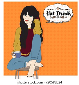 Young dark-haired woman in casual attire, sitting, holding a mug of hot drink. Vector illustration.