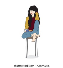 Young dark-haired woman in casual attire, sitting, holding a mug of hot drink. Vector illustration.