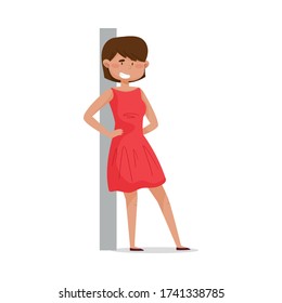 Young Dark-haired Woman Leaning Against the Wall and Smiling Vector Illustration