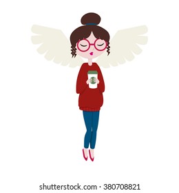 Young dark-haired woman with paper cups of coffee. Coffee time. Girl in glasses. Winged girl. Vector Illustration. 