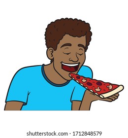 a young dark-skinned boy bites off a slice of pizza. blue t-shirt, torso, comic, illustration.