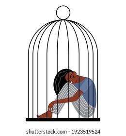 young dark-skinned girl is in a cage and cries. concept on the subject of restriction of freedom, domestic violence. stock vector illustration. EPS 10.