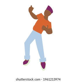 Young dark-skinned man dances Flat isolated vector illustration on white background