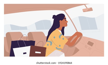 Young dark-skinned woman driving car with pile of shopping bags. Happy beautiful lady inside auto with purchases from sale in clothing store. Colored flat vector illustration of female driver