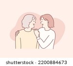 young daughter embracing her mother with love. Hand drawn style vector design illustrations.
