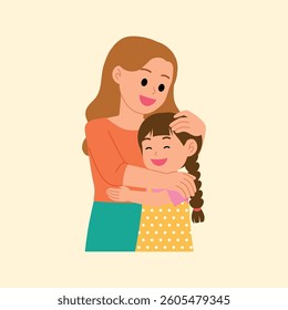 Young daughter embracing her mother, Mom patted her daughter’s head gently illustration
