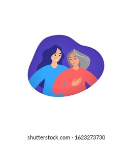 Young daughter hug her old mother with love.
Happy mother's day concept. 
Flat graphic illustration for greeting cards, covers, posters.
