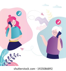 Young daughter and old mom talking on mobile phones. Female character communicating with grandmother. Granddaughter talks about news to grandma. Family relationship. Trendy flat vector illustration