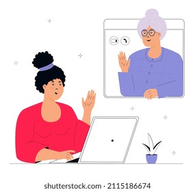 Young daughter and old mother are talking by video call using laptop. Granddaughter has a conversation with grandmother. Family relationship. Quarantine and self-isolation.