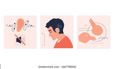 Joven sordo con audífono. Concepto de discapacidad auditiva. Comunicación en lenguaje de señas. El ableismo y el concepto de virosidad. Ilustración vectorial plana en estilo de caricatura.