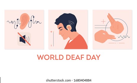 Young deaf man with hearing aid. Hearing disability concept. Sign language communication. Ableism and devirsity concept. Flat vector illustration in cartoon style.