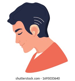 Young deaf man with hearing aid. Hearing disability concept. Ableism and devirsity concept. Flat vector illustration in cartoon style.