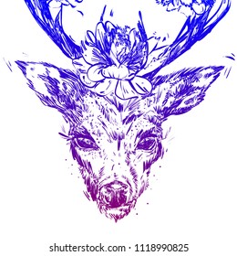 A young deer with horny horns on which peonies are planted. Vector illustration. Fantasy, spirituality, mythology, tattoo art, coloring books. Isolated vector illustration.