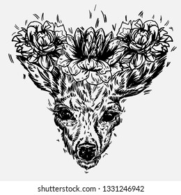 A young deer with horny horns on which peonies are planted. illustration. Design a tattoo, a symbol of mystical magic for your use..