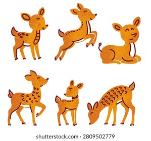 young deer jumping and grazing in forest landscape bundle set