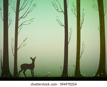 young deer in spring or summer forest, nature scene, vector