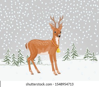 Young deer in winter landscape with falling snow festive Christmas background place for text 
watercolor vintage vector illustration editable hand draw