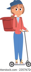 Young delivery girl character on scooter. Cartoon person