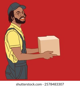 A young delivery guy holding a box package with a confident and friendly expression, dressed in professional delivery attire, set in an urban or residential delivery setting.