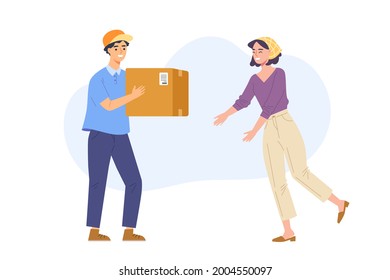 Young Delivery Male Sending Parcel Box To Happy Customer. Concept Of Delivery Service, Online Shopping, E-commerce, Shipping To Home. Flat Vector Illustration Character.